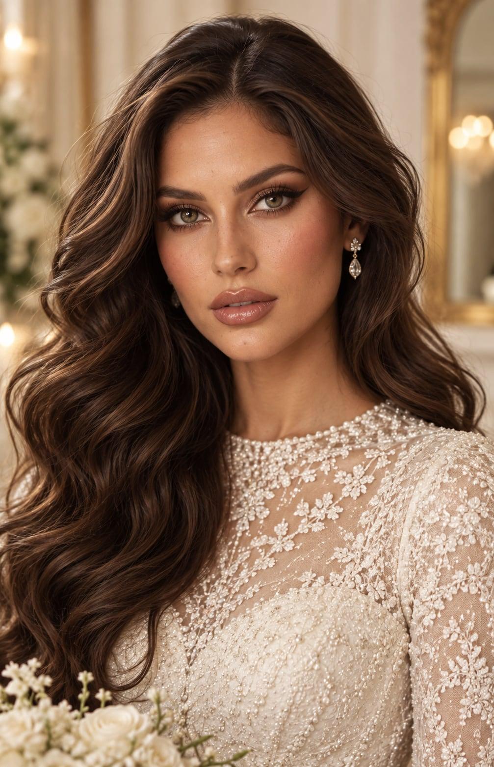 Bride with glossy brunette waves, bronze winged eye makeup, and a beaded lace gown in a candlelit room